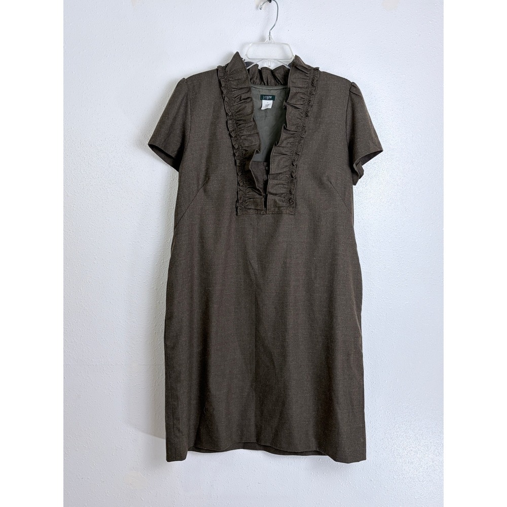 J.Crew Olive Brown Wool Ruffle V-Neck Shift Dress 14 Dark Academia Office